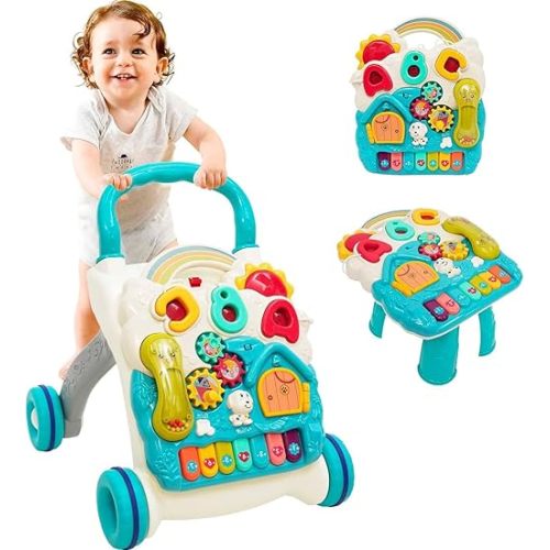 Baby Walker with Wheels 3in1 Kids Sit-to-Stand Baby Push Walker with Wheels Activity Table with Weight Design Entertainment Sounds Music Multifunctional Educational Learning Push Toy for Boys Girls