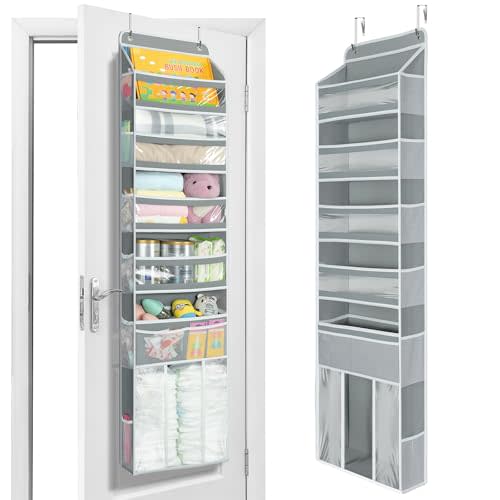 Yecaye 6-Tier Over the Door Organizer with Detachable Bin, Door Hanging Organizer with Clear Windows, Over the Door Storage for Bedroom Closet Nursery Bathroom Pantry Baby Essentials, Grey