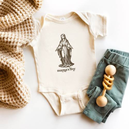 Mama&#39;s Boy Children&#39;s Catholic Tee, Catholic Baby Bodysuit, Virgin Mary Catholic Baby Gift for Marian Devotion, Catholic Gifts