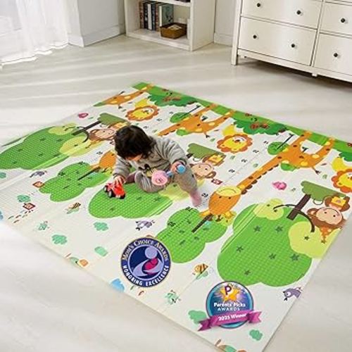 Bammax X-Large Waterproof Foam Padded Baby Play Mat | 1 cm thick Safe Foam Reversible & Foldable | 70" x 78" | Use as Baby Crawling Mat or Kids Play Mat for Floor - Giraffe & Mixed Animals