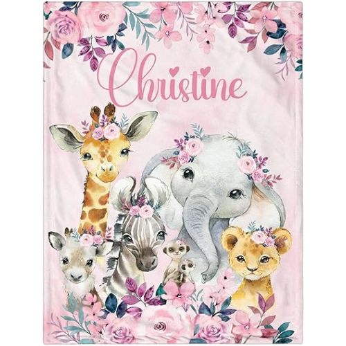 Personalized Baby Blanket for Girls, Custom Baby Blanket with Name Super Soft Personalized Name Blankets for Kids, Custom Animal Blankets for Infant Toddler, Babys Gifts for Birthday