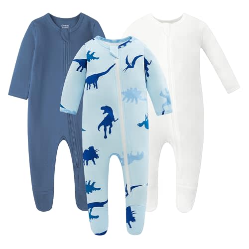 Owlivia Organic Cotton Baby Pajamas, Boys Girls 3-Pack Zip Front Sleep 'N Play, Footed Sleeper, Long Sleeve