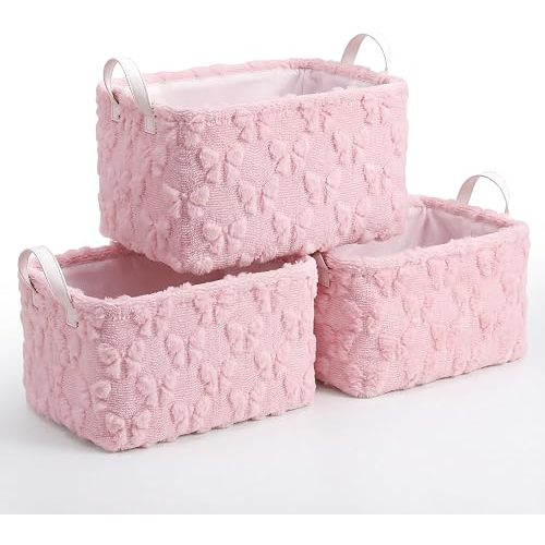 3 Pcs Bow Foldable Storage Baskets Pink Bow Plush Faux Fur Jacquard Design Laundry Basket with Handles Waterproof Storage Bins Fabric Shelf Baskets for Organizing Closet Clothes