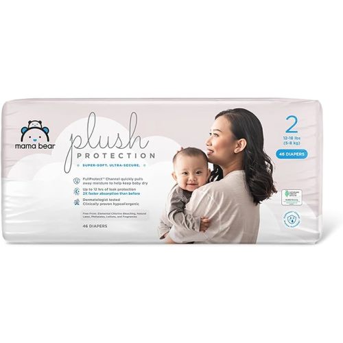 Amazon Brand - Mama Bear Plush Protection Diapers - Size 2, 46 Count, Hypoallergenic Premium Disposable Baby Diapers, White and Cloud Dreams