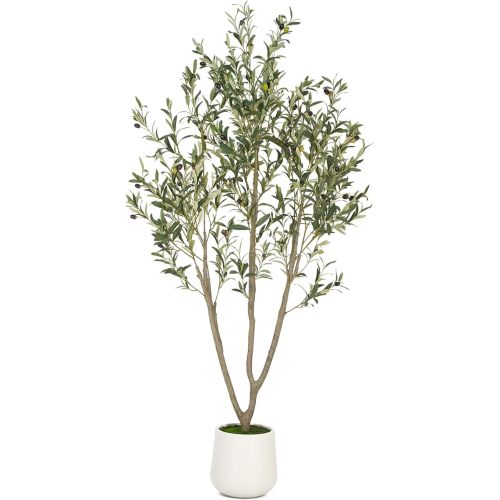 Olive Trees Artificial Indoor, 5FT Tall Faux Olive Tree with White Tall Planter, Artificial Plants with Natural Wood Trunk and Lifelike Fruits for Home Office Decor