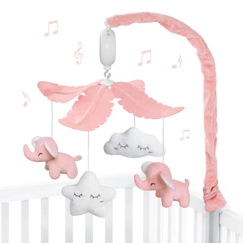 FEISIKE Baby Crib Mobile for Girls Boys with 3 Modes Digital Musical Motor(Rotating Only, Music Only, Rotating & Music, 35 Lullabies, Pink Elephant Nursery Mobile, Knob Type