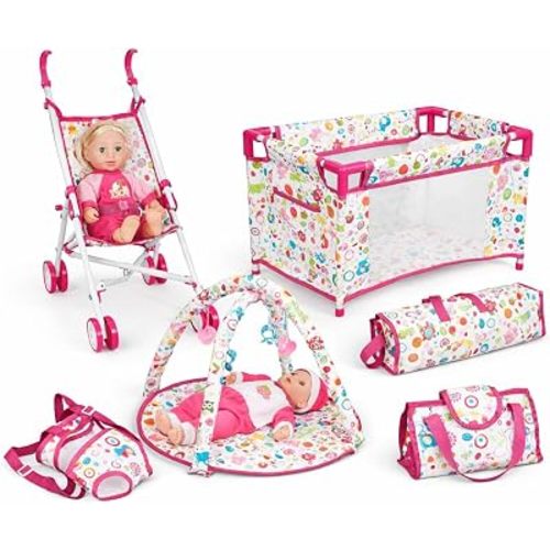 Liberty Imports 5-in-1 Baby Doll Stroller Playset with Doll Included, Foldable Stroller, Playard Playpen, Activity Play Mat, Baby Carrier & Travel Bag, Pretend Nursery Set for Girls
