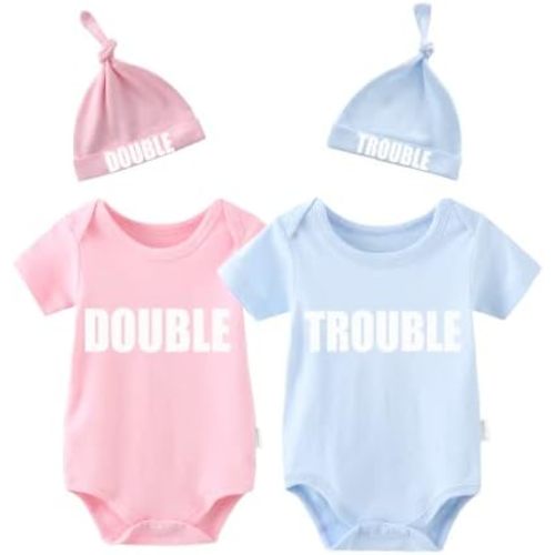 YSCULBUTOL Baby Twins Bodysuits Funny Double Trouble Cute Girl Romper Twin Jumpsuits Hat Set