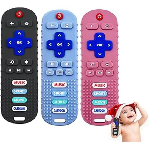 3 Pack Remote Control Shape Silicone Teethers for Babies Chew Toys, Teething Toys for Infant Toddlers,Baby Remote Control Toy, teethers for Babies 6-12 Months (Black&Blue&Pink)