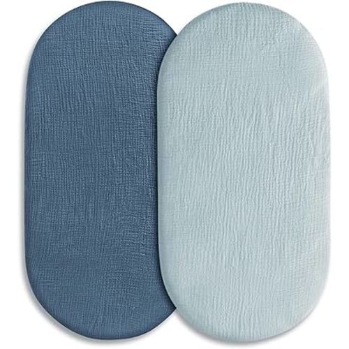 Muslin Bassinet Fitted Sheets, 2 Pack for Baby Boy and Girl, Soft Breathable Stretchy Baby Pad/Mattress Sheet Set, Universal Fit for Hourglass Oval and Rectangle Bassinet Mattress (Bright Colors)