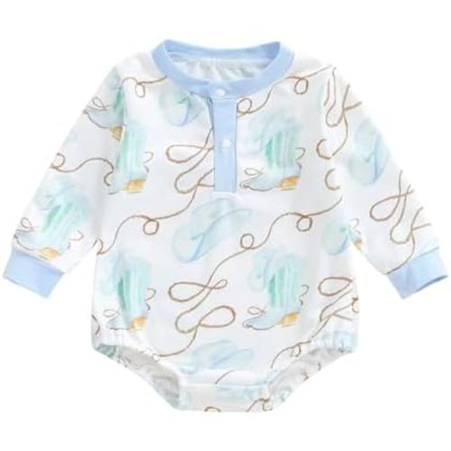 Sasaerucure Newborn Baby Boy Fall Outfit Western Boots Printed Long Sleeve Romper Sweatshirt Bodysuit One Piece Jumpsuit Top