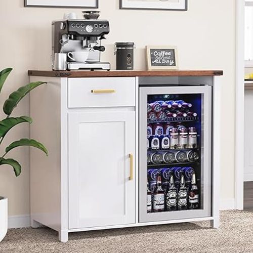 GDLF Coffee Bar with Mini Fridge Space, Mini Fridge Cabinet Stand，Liquor Wine Cabinet for Dorm, Kitchen or Office, 39.4" W X 20.9" D Tabletop，White