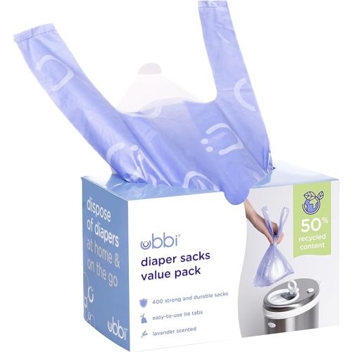 Ubbi Disposable Nappy Sacks, Lavender Scented, Easy-To-Tie Tabs, Baby Diaper Disposal or Pet Waste Bags, Value Pack, 400 Count