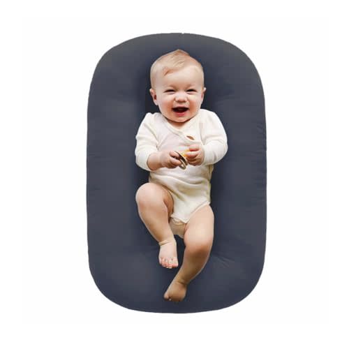 100% Cotton Baby Lounger for Newborn 0-24 Months(Dark Gray) | Organic Cotton Fabric, Portable Tummy time mat, Newborn Lounger for Home and Travel, Baby Registry Gift