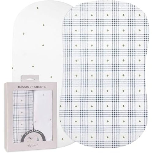 Ely's & Co. Waterproof Bassinet Sheets 2 Pack Baby Boy 100% Cotton Fitted Sheets 32 x 16 Blue Floral Plaid Soft Breathable Jersey Knit with Waterproof Lining Fits Bassinet Mattress Newborn Essentials