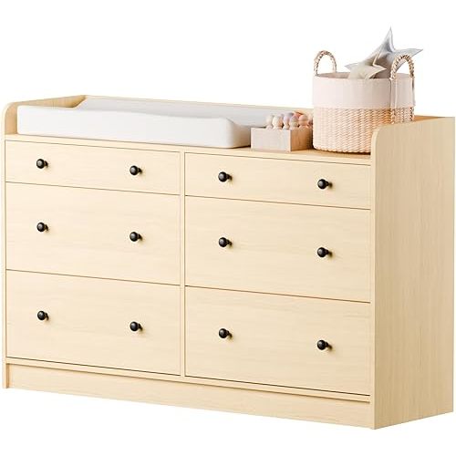 Cozy Castle Baby Dresser with 6 Drawers and Large Table Top, Multi-Functional Chest of Drawer, Drawer Dresser with Three-Sided High Rails for Nursery, Children's Room, Bedroom, Oak