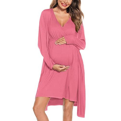 SWOMOG Women Maternity Nursing Gown and Robe Set 3 in 1 Labor Delivery Nursing Nightgown for Breastfeeding Hospital Bathrobe