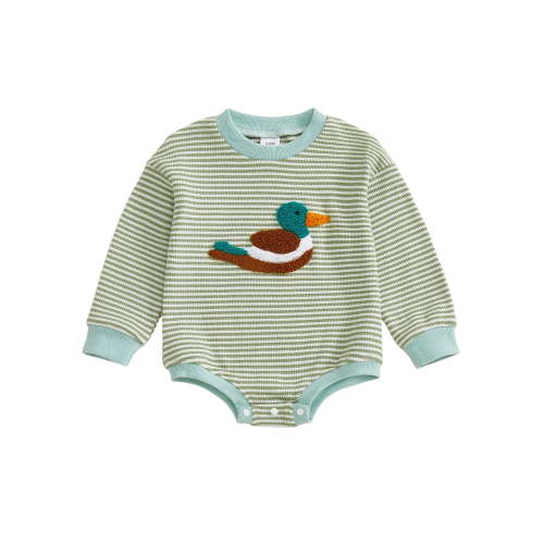 BemeyourBBs Newborn Baby Boy Mallard Outfit Bubble Romper Sweatshirt Spring Fall Winter Clothes Waffled Stripe Duck Embroidery Long Sleeve Jumpsuit