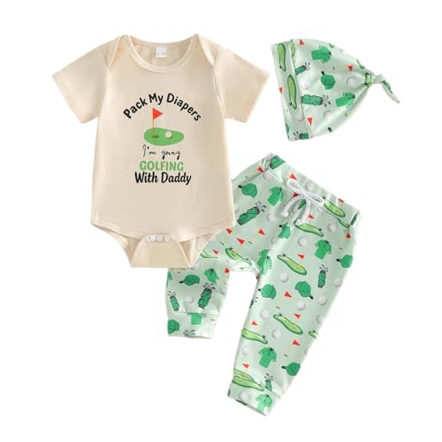 Sasaerucure Newborn Baby Boy Clothes Golf Summer Outfit Letter Print Short Sleeve Romper and Pants Hat 3Pcs Sets