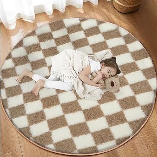 Super Soft Rug, Round Rug for Bedroom, 4X4 Ft Beige and White Checkered Round Rug Non-Slip High Pile Cute Soft Fluffy Rug for Living Room Bedroom Kids Room