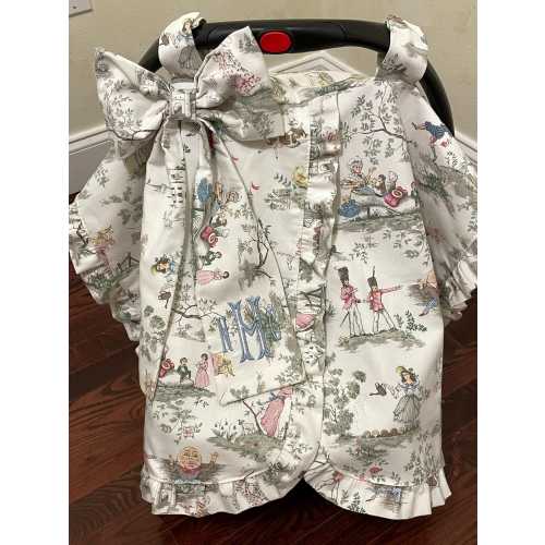 Nursery Rhyme Toile Car Seat Canopy with Large Bow and Ruffle, Monogrammed Car Seat Tent, Personalized Baby Shower Gift