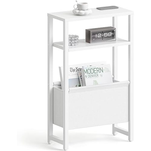 Narrow Side Table, Slim End Table with Magazine Rack, Bedside Table for Small Spaces, 3 Tier Sofa Couch Table Nightstand for Living Room, Bedroom, White LET503W