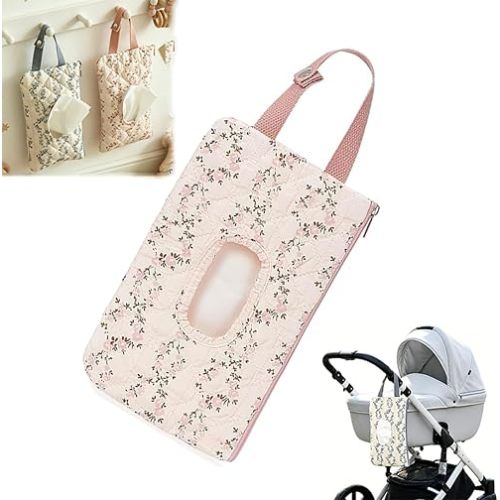 Floral Quilted Baby Wipe Holder Pouch with Hanging Strap