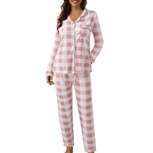 Bramtres Pajama Sets for Women 2 Piece Button Up Pajamas Lapel Button Plaid Print Two Piece Long Sleeve Pajamas Pajamas Suit Womens Loungewear Set Womens Pajama Sets Pink L