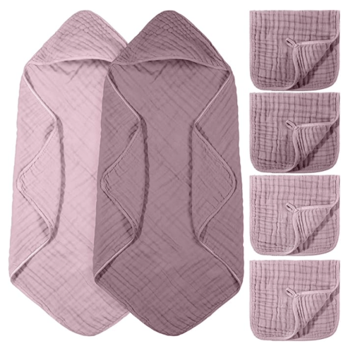 VitalCozy 6 Pcs Baby Muslin Hooded Bath Towels and Washcloths, Muslin Hooded Baby Towels Absorbent Blankets for Gift Newborn Infant Shower (Mauve,Peach Pink)