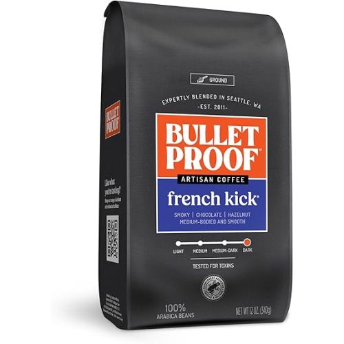 Bulletproof French Kick Dark Roast Ground Coffee, 12 Ounces, 100% Arabica Beans, Clean Coffee Tested for Toxins, Packaging May Vary