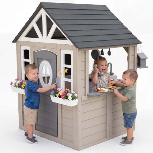 AiKidKit Kids Outdoor Playhouse, Wooden Play Kitchen with Doorbell