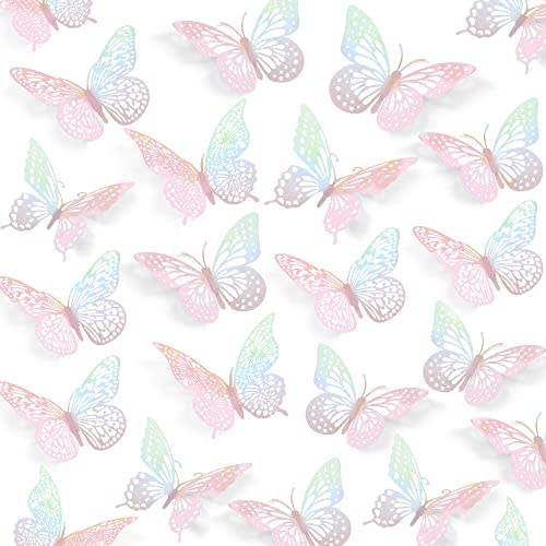 SAOROPEB 3D Wall Decor - 48 Pcs, 4 Styles, 3 Sizes - Laser Pink Butterfly Decorations for Birthday Parties, Removable Stickers