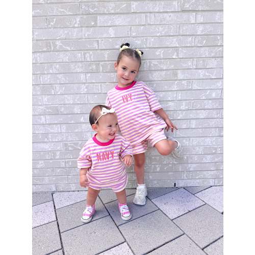 Pink Striped Organic Cotton Shorts Set - Optional Custom Embroidery | Little Joy Co.