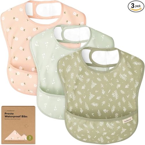 3-Pack Waterproof Baby Bibs for Eating - Lightweight Toddler Feeding Bibs with Large Food Catcher, Mess Proof, Food-Grade Baby Eating Essentials, Easy to Put On & Clean (Bloom)