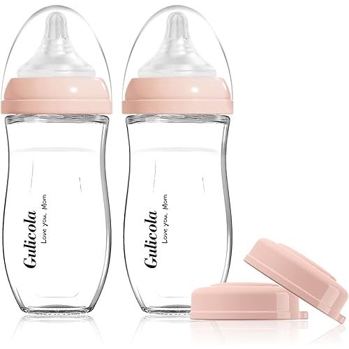 Gulicola Natural Glass Baby Bottle for Breastfed Babies, Anti-Colic Baby Bottle Set with Medium Flow Nipple, 3 Months +, 8 oz, 2 Pack - Pink