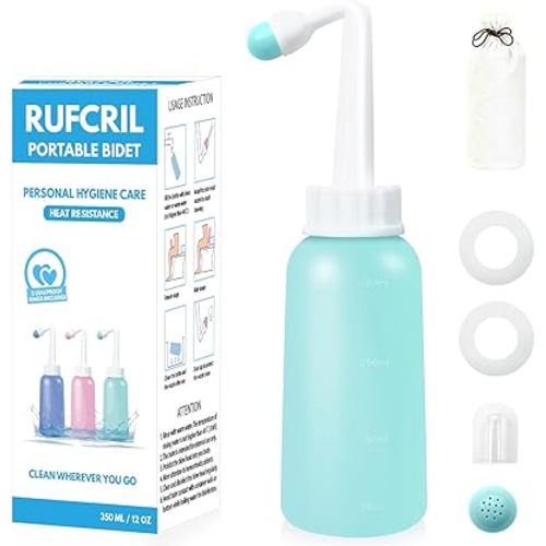 Portable Bidet, RUFCRIL 350ml Peri Bottle Postpartum, Upside Down Perineal Wash Bottle with Carry Bag, Boilable TPE & Dual Leak-Proof Rings, for Hospital Bag, Perineal Recovery & Hemorrhoid Relief