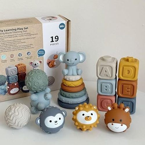 3-in-1 Baby Early Learning Set Featuring Sensory Balls, Soft Building Blocks, and Colorful Stacking Toys Designed for Babies up to 6 Months. Made in PVC Material,Perfect for Safety