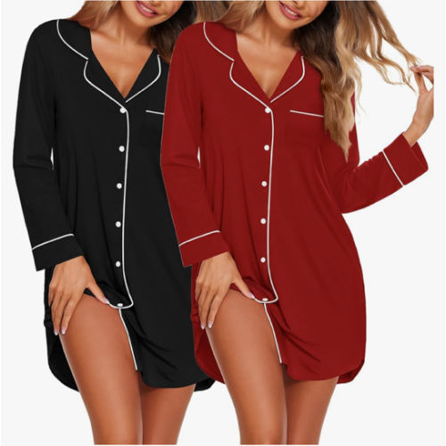 Ekouaer 2 Pack Nightgowns for Women Long Sleeve Button Down Sleep Shirt