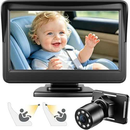 FEISIKE Car Baby Camera, 4.3'' HD Infrared Night Vision Function Baby Car Camera Display, Backseat Camera for Kid with 150° Wide View & 360° Rotatable Easy Installation in 5 Mins Rear Facing Mirrors
