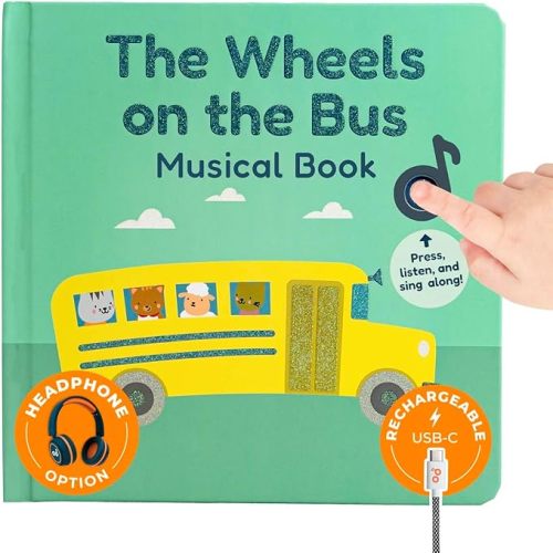 Calis Books The Wheels on the Bus Book - Rechargeable Musical Book, Headphone Jack, Books for 1 Year Old, Musical Book for Toddlers 1-3, Musical Toy Toddlers