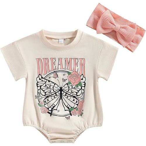 Cute Infant Baby Girl Summer Bodysuit with Headband Set, Butterfly Letters Print Romper One Piece Outfit
