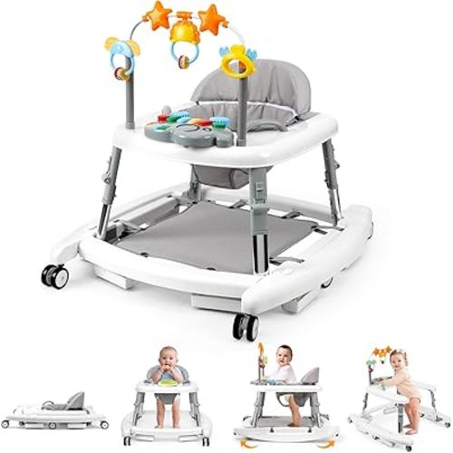 5-in-1 Music and Lights Baby Walker Foldable with 5 Adjustable Heights, Baby Walker with Wheels and Bouncer Combo Portable, Infant Toddler Walker for Baby Boy Girls 6-18 Months