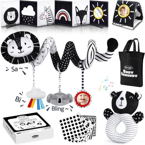 Joyreal High Contrast Baby Toys for Newborn, Black and White Baby Sensory Toys with Car Seat Toys,Infant Toys with Black White Cards Book, Montessori Toys for Baby Gifts