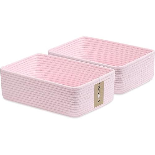 MiniArk Large Shallow Organizing Baskets 15x11x5.1 Inches - Rope Woven Storage Bins for Bathroom, Shelves, Cube Closet, Light Pink 2 Packs
