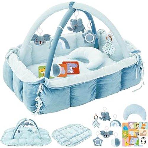 5-in-1 Plush Baby Play Gym, Baby Play Mats, Convertible Baby Gym with Pillow, Tummy time mat, 6 Sensory Toys, Activity Center, Ball Pit, Blue