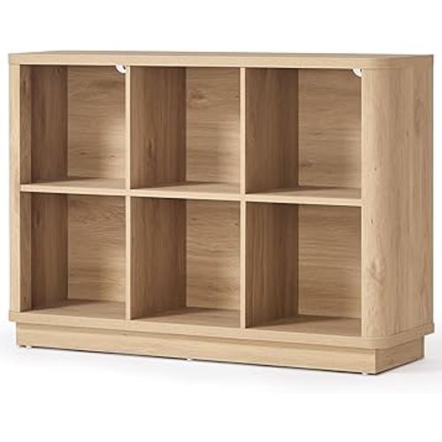 6 Cube Storage Book Shelf, 40" Wide Low Horizontal Bookcase with Curved Edge, Floor Standing 2-Tier Wooden Bookshelf with Base, Modern Short Book Case for Bedroom, Study, Entryway, Natural Oak