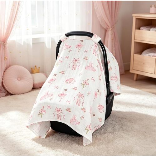 Muslin Car Seat Cover Baby, Breathable Baby Carseat Cover for Girls, Lightweight Infant Car Seat Cover, Universal Stroller Cover for Sunshade, Babies Essentials for Outdoor in Summer, Pink Bow Ballet