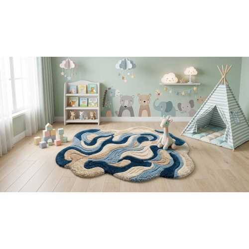 Wavy Ocean Area Rug | Blue Beige Abstract Nursery Coastal Accent Rug