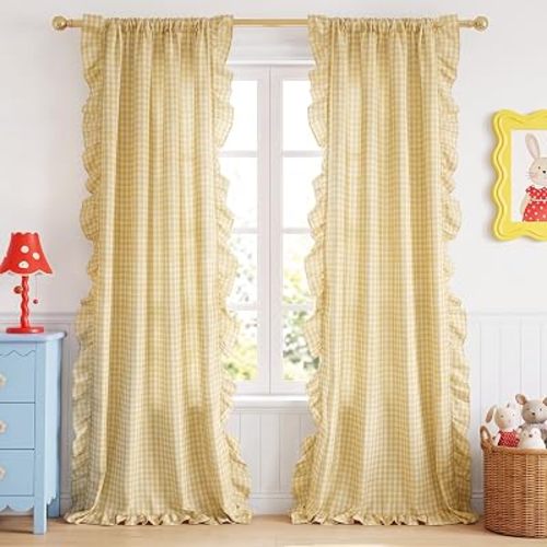 NICETOWN Yellow Gingham Ruffle Curtains for Nursery, 2 Panels, W40xL84