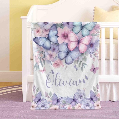 Personalized Butterfly Nursery Blanket Custom Baby Name Blanket Kids Custom Name Blanket Butterfly Baby Shower Gift For Girls Throw